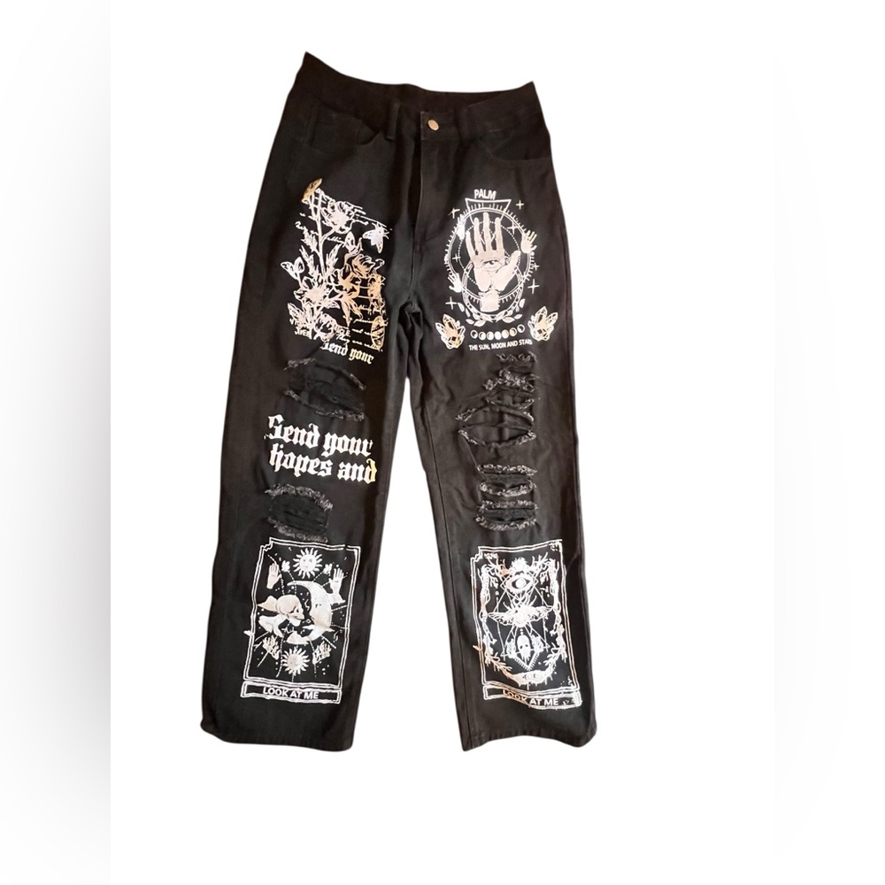 SHEIN Black and White Graphic Boyfriend Jeans